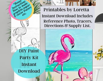 Kit de fiesta de pintura DIY de flamenco rosa: arte trazable (descarga digital) Foto, trazador, lista de suministros e instrucciones.
