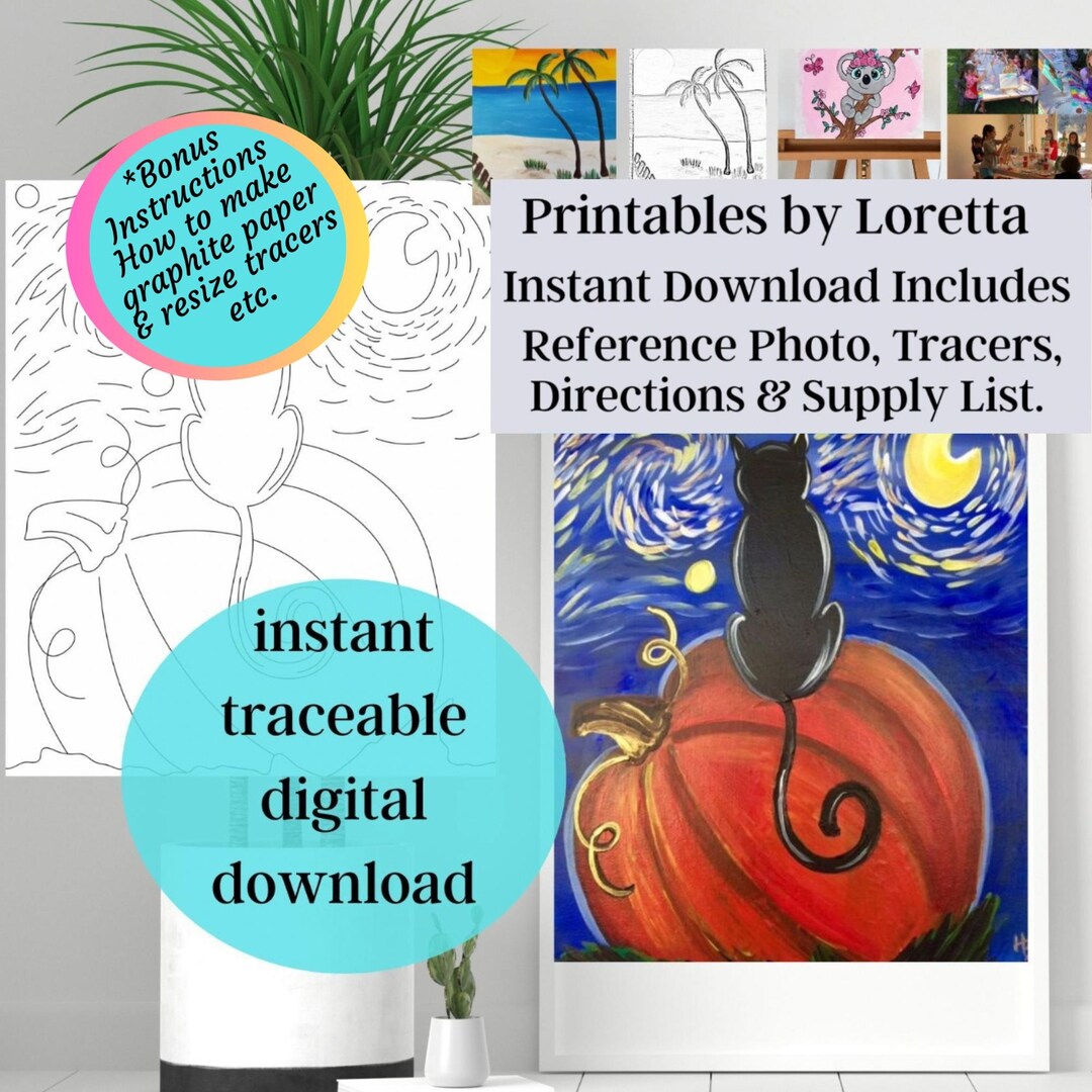 Halloween Paint Party Kit: Starry Night Pumpkin & Black Cat (digital ...