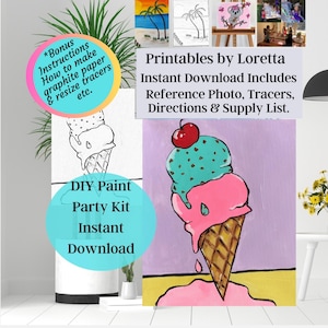 Zestaw DIY Paint Party Kit do pobrania w mgnieniu oka Lody w rożku zawierają zdjęcie, kalkę, instrukcję i listę materiałów, rysunki dla dzieci, wstępnie narysowane płótno, bonus