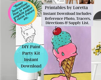 Ice Cream Cone Paint Party Kit: Kids Art, Pre-Drawn Canvas (Digital Download)