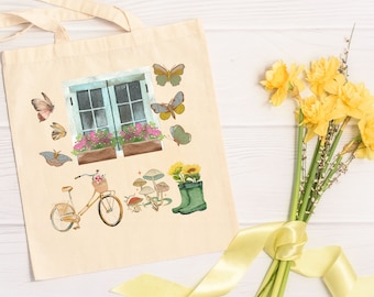 Canvas Tote Bag, Easter Gift tote, Cottagecore design tote, Mother's Day gift, Gardeners tote, Farmers Market bag, Vintage Botanical Floral
