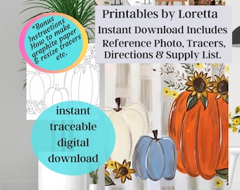 Three Pumpkins Paint Party Kit: Traceable Template (Digital Download) Photo, tracer , supply list and instructions.