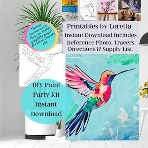 Zestaw DIY Paint Party do pobrania natychmiast, Hummingbird zawiera zdjęcie referencyjne, znacznik, instrukcję, listę materiałów, naucz się malować ze mną na YouTube