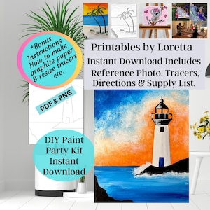 Könnte beinhalten: Ein digitaler Download für ein DIY-Malkit für eine Party mit einem Leuchtturm-Gemälde. Das Kit enthält ein Referenzfoto, Vorlagen, Anweisungen und eine Materialliste. Das Bild zeigt einen Leuchtturm an einem felsigen Ufer mit einem blauen Meer und einem orangefarbenen Sonnenuntergang.