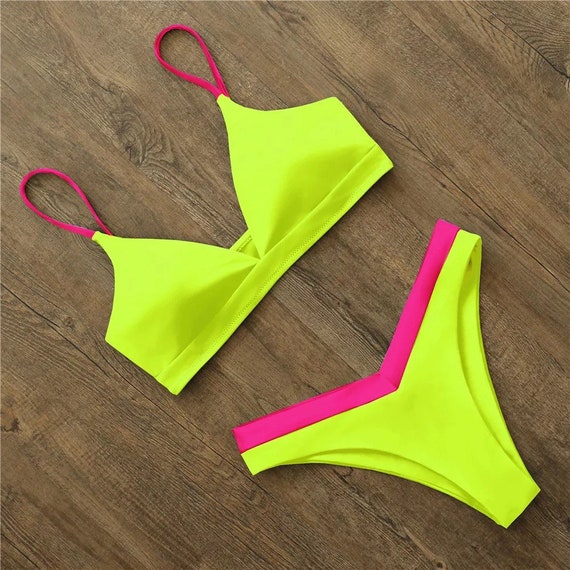 Sexy Micro Bikini 2022 Women Solid Neon Push up Padded Thong Etsy