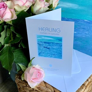 Klappkarte „Healing“ 14cm x 10cm mit Umschlag, Genesungswünsche / Heilung, hellgrau/türkis, mit Zitat