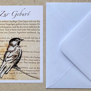Karte „Geburt“ einseitig bedruckt, beige weiß Vogel Zeichnung Kunstdruck, Rückseite blanko 10 cm x 14 cm, mit Briefumschlag