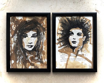 Coffee painting "Moments" two-part art set, original drawings including picture frame
