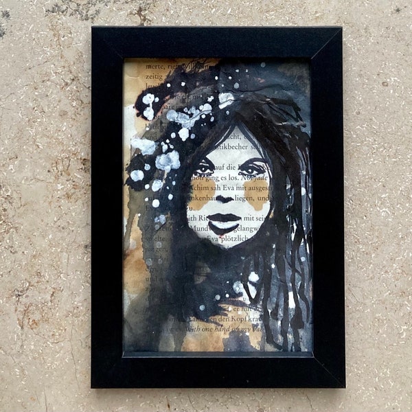 Kaffeemalerei „Bella Snow“ Kunstwerk, Illustration, Finelinerzeichnung, book upcycling art, Tusche Zeichnung mit Bilderrahmen, Original