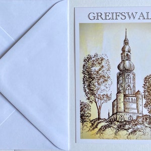 Karte „Greifswald“ einseitig bedruckt, beige weiß Kirche Dom Illustration Zeichnung, Rückseite blanko 10 cm x 14 cm, mit Briefumschlag