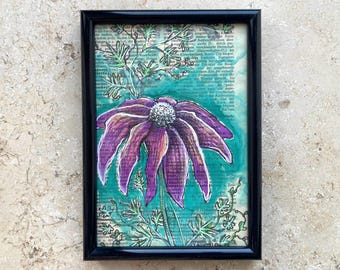 Lila Blume Illustration auf Vintage Lexikonseite - Zeichnung „Blume“ handgemalt - Originalzeichnung violette Blüte - Landhaus Deko - Unikat