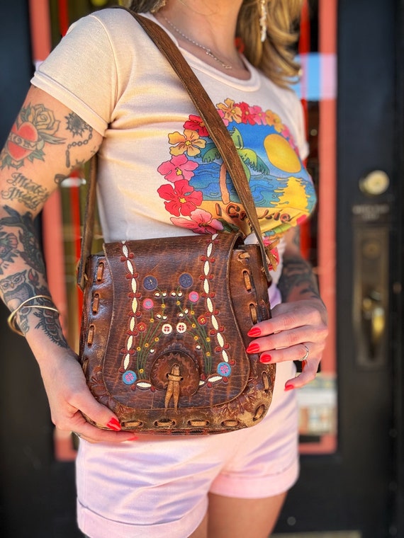 Vintage Hand Tooled Leather Handbag + Ceramic Beads, Boho Shoulder Bag main image 0
