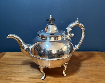 Vintage medium silver plated coffee or tea pot on four feet, antique bachelor teapot, hallmarked tea coffee serving pot