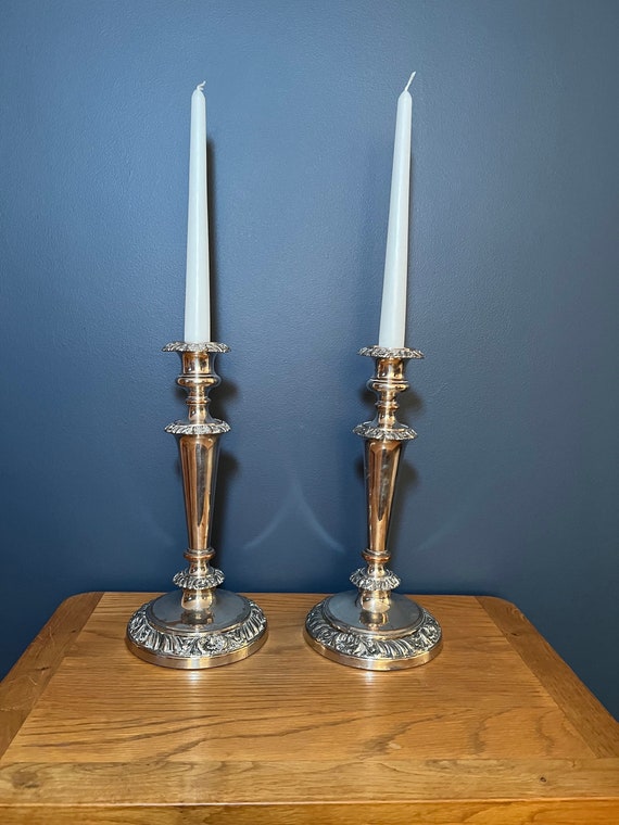Antique Victorian Tall Silver Plated Embossed Candlesticks
