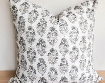 Grey Floral Block Print Pillow Cover - Coastal Farmhouse Decor