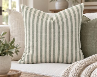Funda de almohada a rayas verdes y beige, cojín neutro de estilo rústico costero, almohada decorativa moderna con textura de lino para sofá y sala de estar.