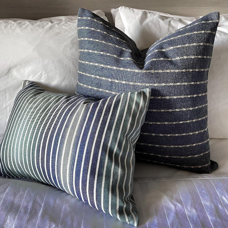 Blue Striped Pillow Cover Coastal Blue Throw Pillow Modern Decor Blue Performance Fabric Pillow Blue Neutral Pillow Designer Stripe Cushion