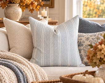 May include: A square throw pillow featuring a light blue and white vertical striped pattern. The pillow is positioned on a sofa alongside a solid beige pillow, a dark blue pillow, and a pillow with a blue and white floral print.
