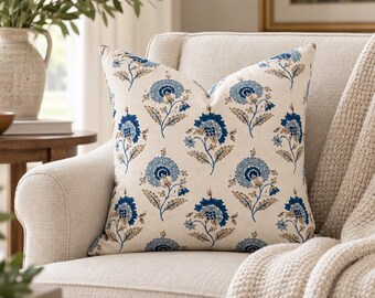 Funda de almohada con estampado de bloques azules, cojín decorativo floral, cojín con estampado botánico, almohada floral moderna, almohada rústica, decoración costera azul para sala de estar.