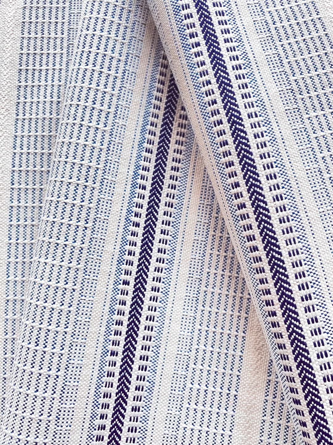 Striped Fabric Sample, Lapis Blue & White, Farmhouse Fabric, Textured ...