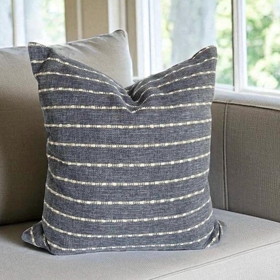 Blue & Beige Striped Pillow Cover Texture Stripe Pillow Blue Coastal Throw Pillow Modern Blue Neutral Pillow Designer Stripe Cushion for Bed