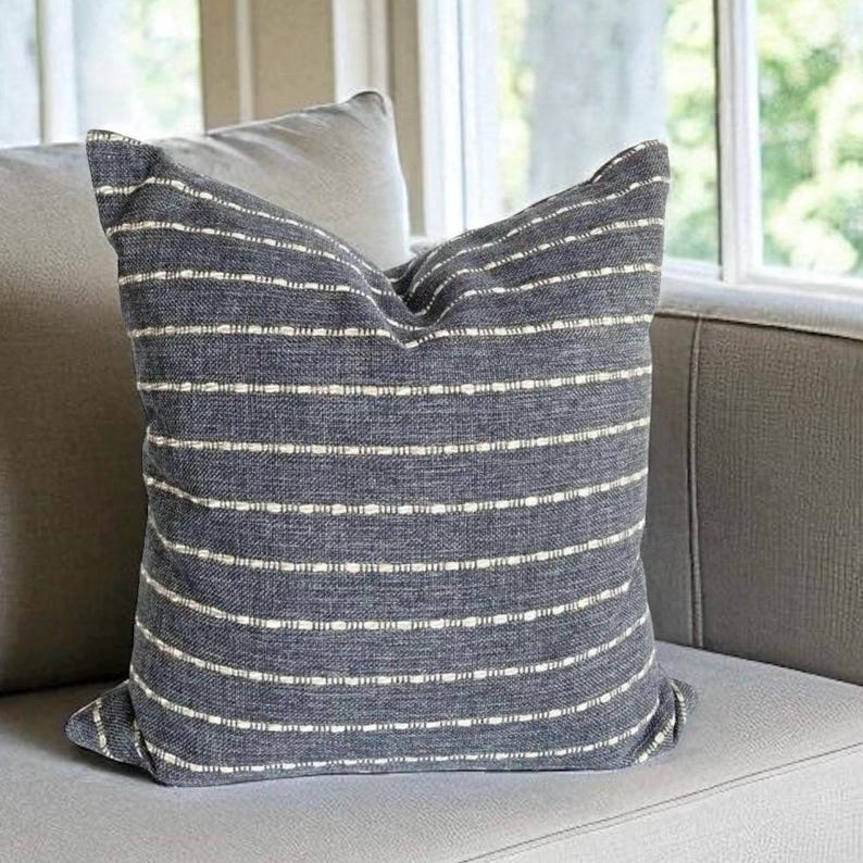 Blue & Beige Striped Pillow Cover Texture Stripe Pillow Blue Coastal Throw Pillow Modern Blue Neutral Pillow Designer Stripe Cushion for Bed image 1