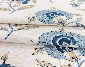 Beige & Blue Block Print Drapery Fabric Floral Fabric for Curtains Botanical Fabric for Pillows Fabric Flower Home Decor Fabric by the Yard