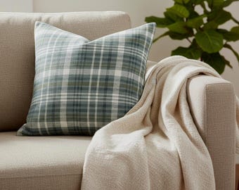 Blue & Green Plaid Pillow Cover Olive Green Throw Pillow Cottage Farmhouse Cushion English Cottage Decor Modern Tartan Plaid Pillow for Sofa