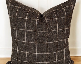 Funda de almohada a cuadros negros, moderna, color carbón, a cuadros marrones, de diseñador, neutra, con ventana, decorativa, rústica, negra