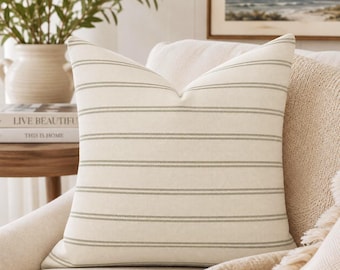 Striped Throw Pillow Cover Green Cream Cotton Modern Pin Stripe Cushion Farmhouse Bed Sofa Neutral Designer Decorative Fall Throw Pillow