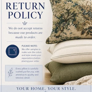 May include: A stack of three rectangular pillows featuring a top pillow with a green and beige floral pattern, a middle pillow in solid off-white with thin dark stripes, and a bottom pillow in solid olive green, accompanied by text regarding return policy.