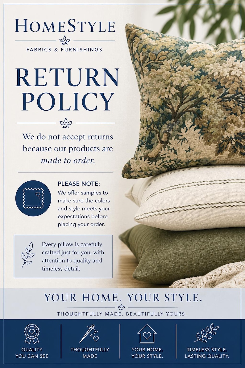 May include: A stack of three rectangular pillows featuring a top pillow with a green and beige floral pattern, a middle pillow in solid off-white with thin dark stripes, and a bottom pillow in solid olive green, accompanied by text regarding return policy.