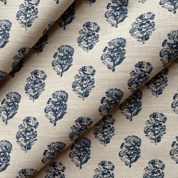 Indigo Sample Fabric, Blue Floral Drapery Fabric, Blue Block Print Fabric, Blue Linen Floral Curtain Fabric, French Country Fabric