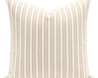 Beige and Cream Striped Pillow Cover Neutral Coastal Farmhouse Cushion Textured Modern Linen Look Throw Pillow for Sofa & Living Room Decor