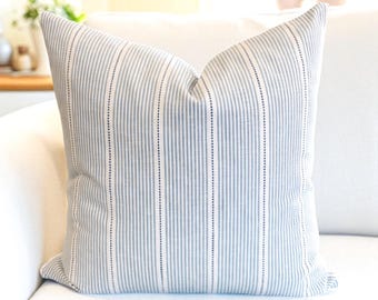 Blue Striped Pillow Cover Modern Chambray Coastal Hampton Style Pillow Designer Striped Pillow Nautical Blue Pillow Neutral Striped Pillow