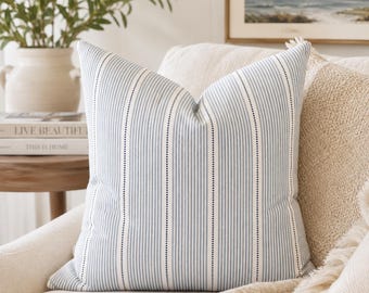 Funda de almohada de rayas azules, cojín decorativo moderno de estilo costero, cojín de diseño de chambray a rayas para sofá, dormitorio, decoración del hogar, rayas finas neutras