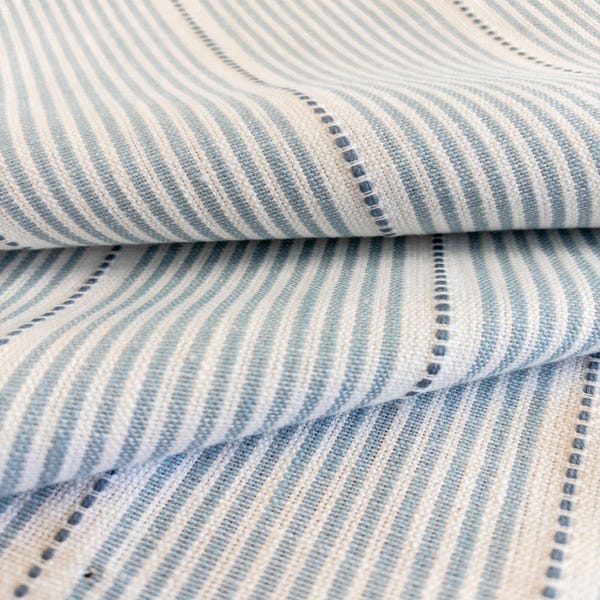 Blue & White Striped Drapery Fabric Modern Striped Designer Curtain Fabric Blue Cotton Coastal Fabric Chambray Ticking Fabric by the Yard