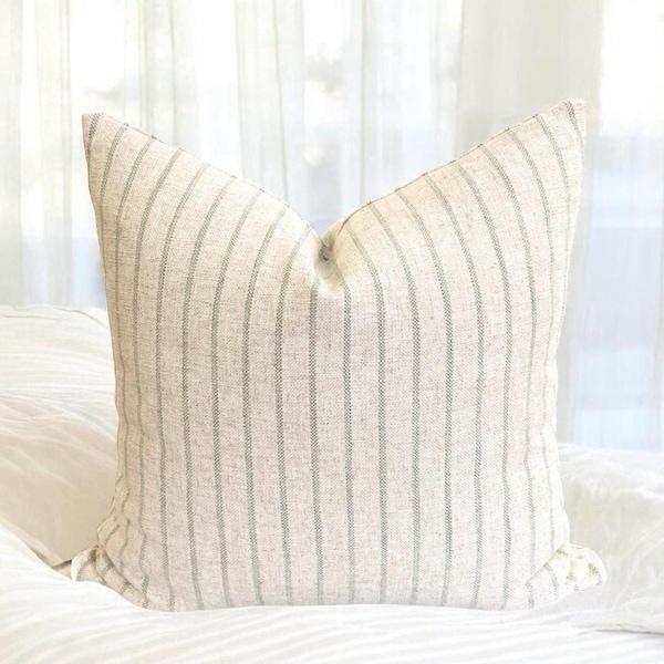 Green Striped Pillow Cover Linen Throw Pillow Neutral Striped Pillow Cover Green Coastal Pillow Striped Modern Pillow Green Designer Pillow