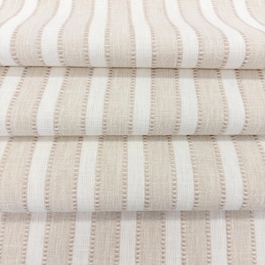 May include: A folded textile fabric featuring a repeating pattern of vertical stripes in alternating shades of beige and white. The beige stripes are textured with a subtle, raised dot pattern, while the white stripes appear smooth.