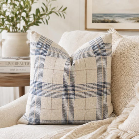 Blue Plaid Pillow Cover Tartan Throw Pillow Windowpane Plaid Cushion Beige Coastal Pillow for Sofa Pillow Modern Blue Pillow Farmhouse Style