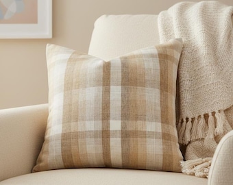 Brown & White Plaid Pillow Cover Tartan Brown Throw Pillow Neutral Plaid Pillow Caramel Woven Pillow for Sofa Cushion Cover Modern Farmhouse
