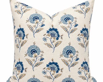 Blue Block Print Pillow Cover Floral Throw Pillow Botanical Print Cushion Modern Floral Pillow Cottage Pillow Blue Coastal Decor Living Room
