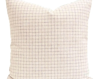 Beige Plaid Pillow Cover Neutral Beige Scandi Pillow Plaid Modern Coastal Plaid Cushion Blue-Grey Windowpane Plaid Throw Pillow Cover 24x24