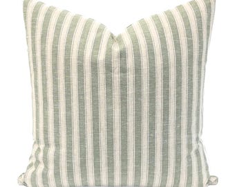 Green and Beige Striped Pillow Cover Neutral Coastal Farmhouse Cushion Textured Modern Linen Look Throw Pillow for Sofa & Living Room Decor
