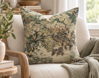 Funda de almohada de tapiz verde, cojín decorativo botánico, almohada inspirada en la naturaleza, almohada moderna marrón, decoración para sala de estar, cojín rústico para sofá y cama.