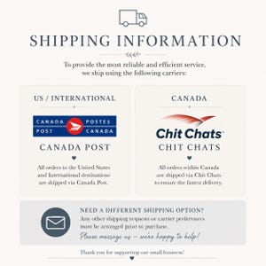 May include: An informational graphic with a truck icon at the top, displaying shipping details for Canada Post and Chit Chats. It includes text regarding US, International, and Canadian delivery services, plus a contact option for other requests.