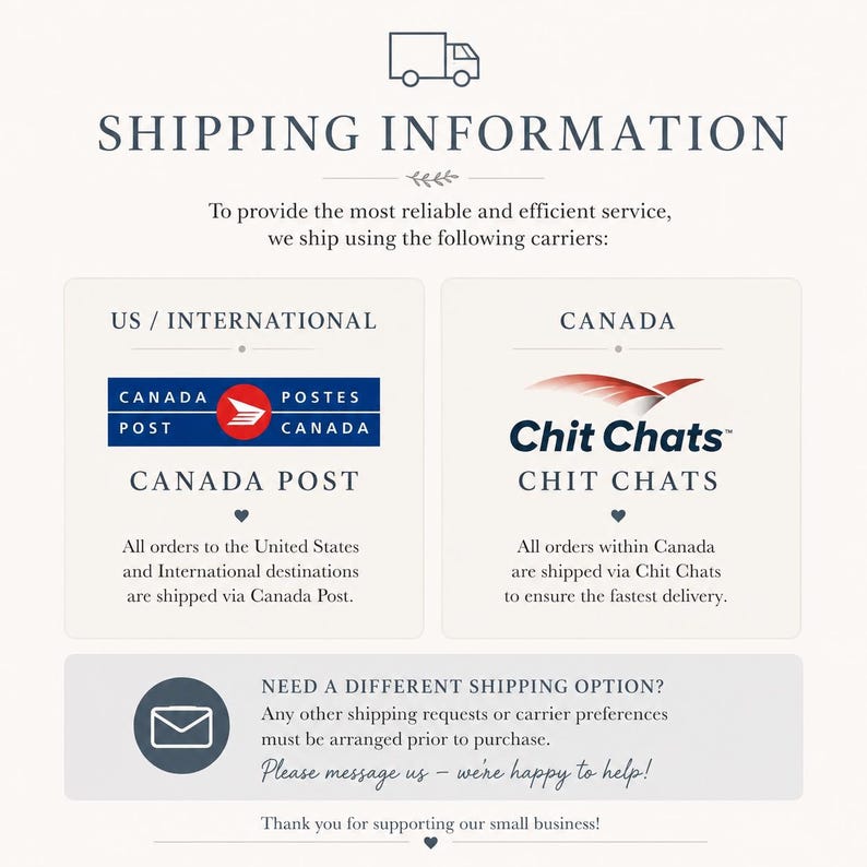 May include: An informational graphic with a truck icon at the top, displaying shipping details for Canada Post and Chit Chats. It includes text regarding US, International, and Canadian delivery services, plus a contact option for other requests.