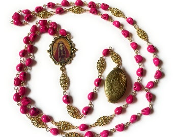 SANTA MUERTE - Rosary stone gold & pink skulls memorial save your photos/ your protection / wicca / meditation / spirituality