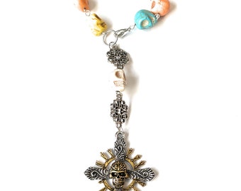 SANTA MUERTE allegory pocket rosary/prayer CAR rearview mirror stone/silver Mexican
