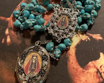 SANTA MUERTE turquoise bead rosary - the path to GOD is death - handmade with handmade enamel